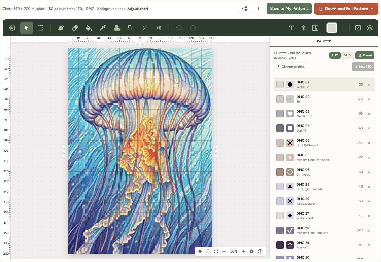 Cross stitch pattern maker showing a jellyfish design with 30 DMC colours